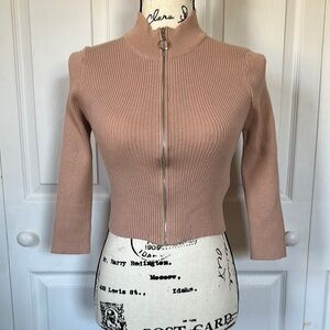 Tan Ribbed Zip-Up Cropped Sweater